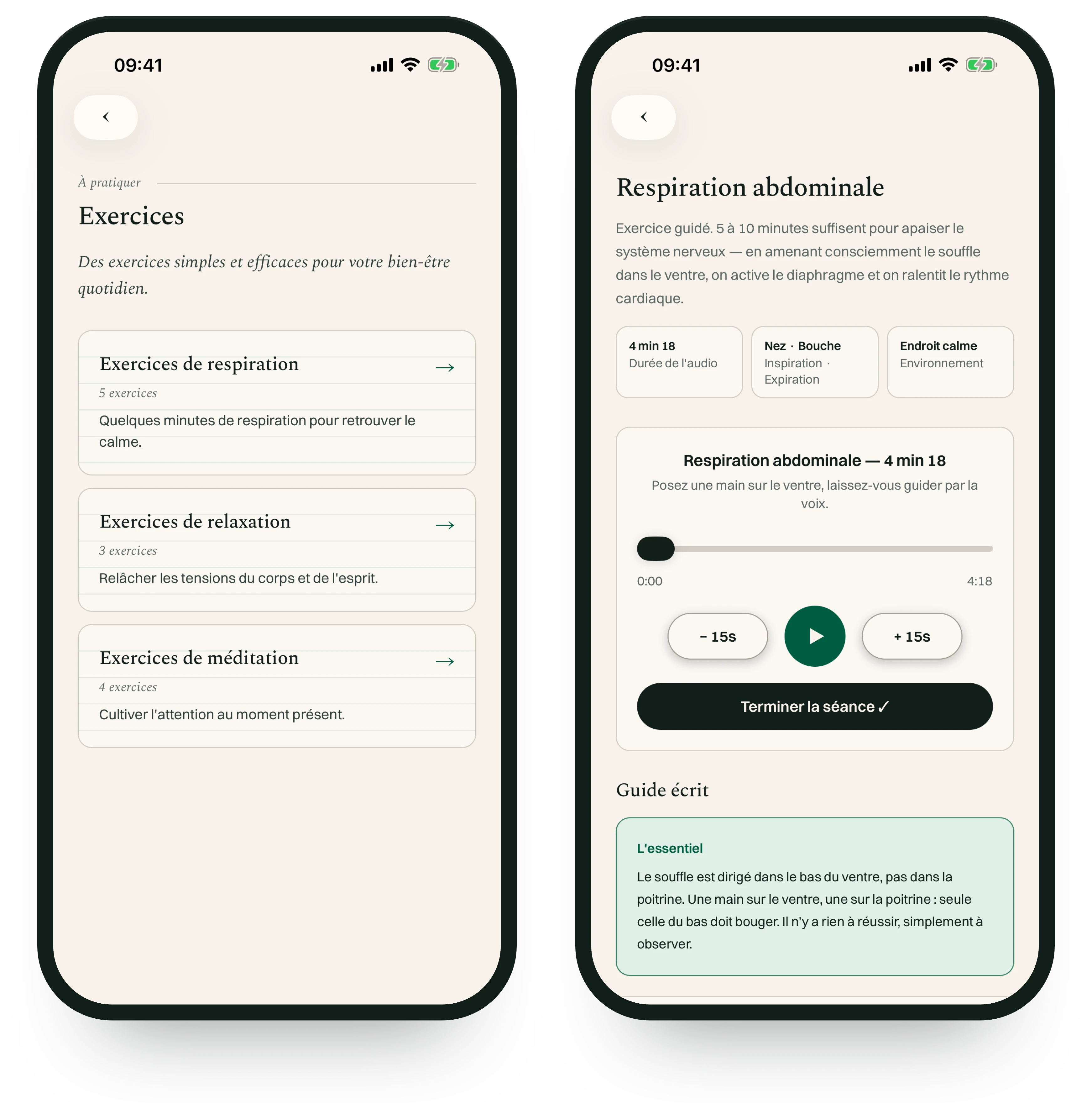 La liste des exercices de l'application, puis la respiration abdominale avec son guide audio et son guide écrit