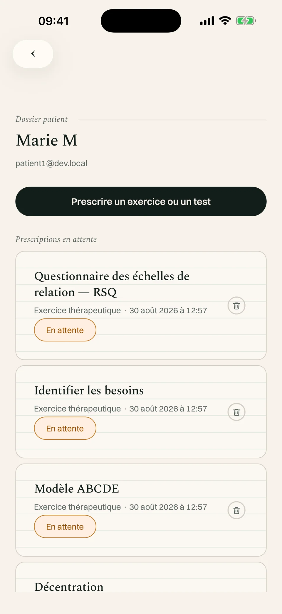 Dossier du patient : les exercices prescrits, en attente de réponse