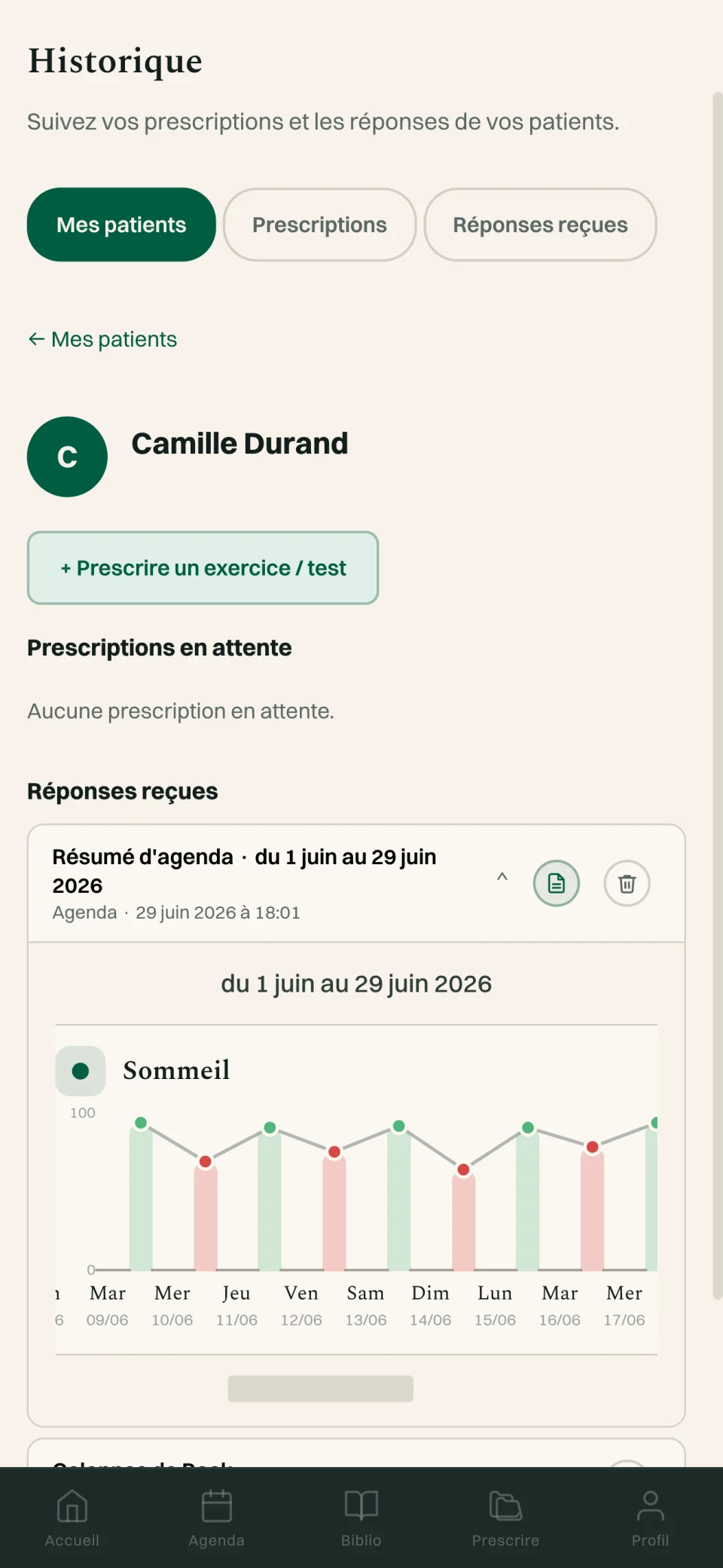 Sommeil du patient dans le dossier